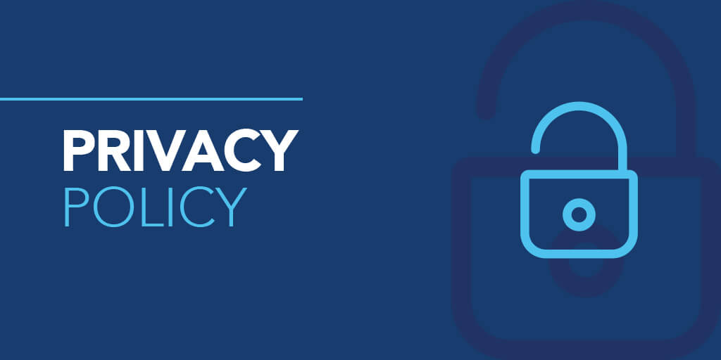 Privacy Policy banner with a large open padlock icon and bold text reading 'Privacy Policy' on a dark blue background, representing data protection and security